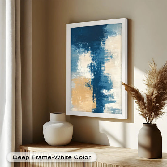 Deep blues and sandy golds define the dominant color palette in this striking Golden Shoreline modern abstract oil painting art piece.