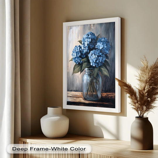 With cool color temperature, this oil painting wall art showcases a serene 'Blue Serenity – Hydrangea Blooms' flower still life set against neutral, home decoration.