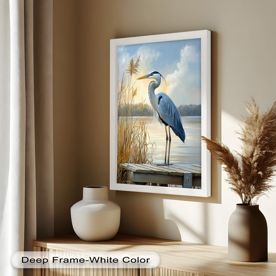 Majestic Heron in Misty Marshland - Animal Oil Painting