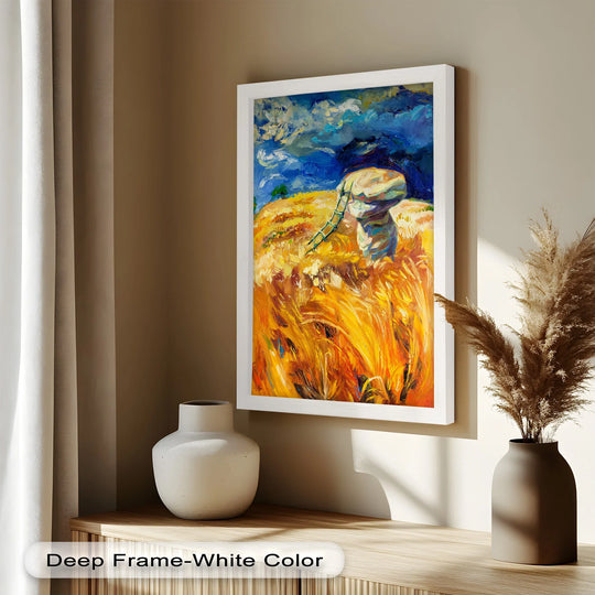Striking color contrast is evident in the modern oil painting art, where vibrant golden wheat vividly contrasts the dark, stormy blues of the sky.
