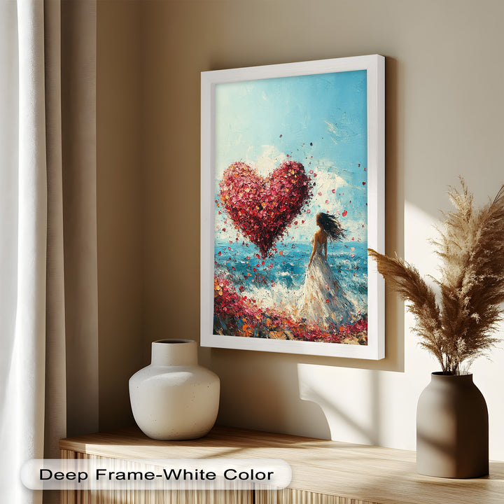 Woman with Heart-Shaped Petals Over the Sea - Love Oil Painting