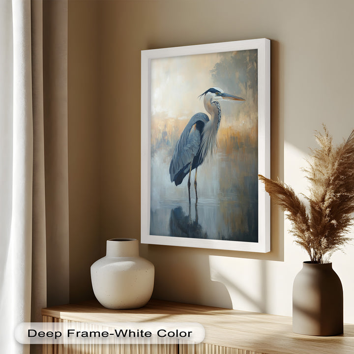Heron in Misty Marshland - Framed Oil Painting