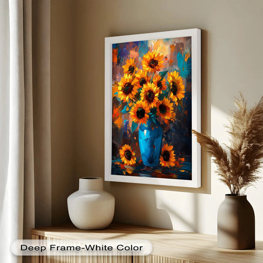 Deep shadows accentuate the dramatic composition of this modern oil painting art, highlighting bold sunflowers bursting from a vivid blue vase.