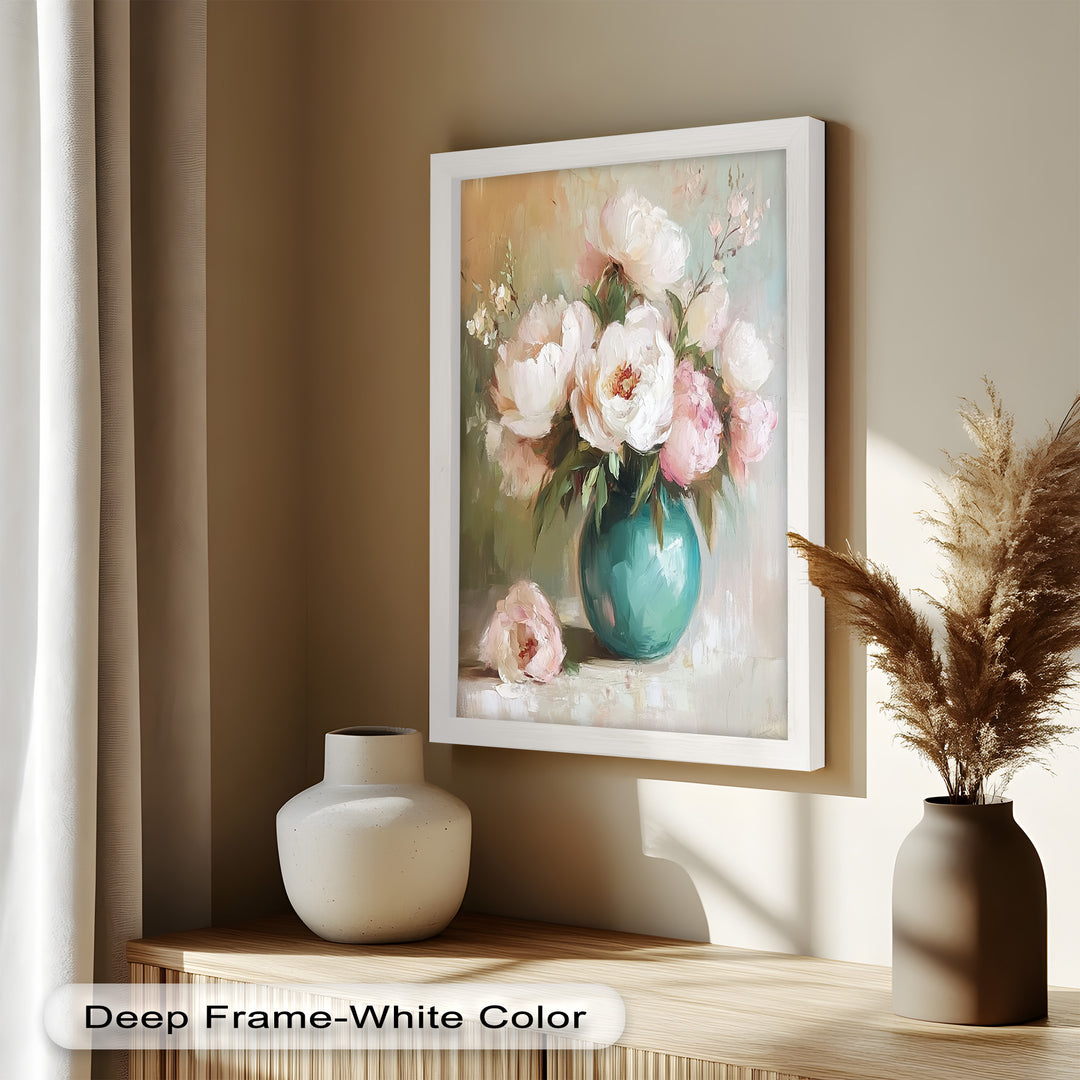 Blushing Peonies in Jade Vase – Romantic Flower Oil Painting