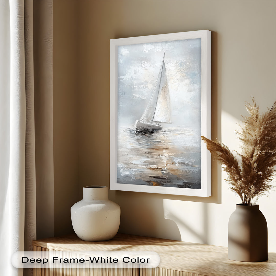 Sailing Through the Mist – White Boat Oil Painting