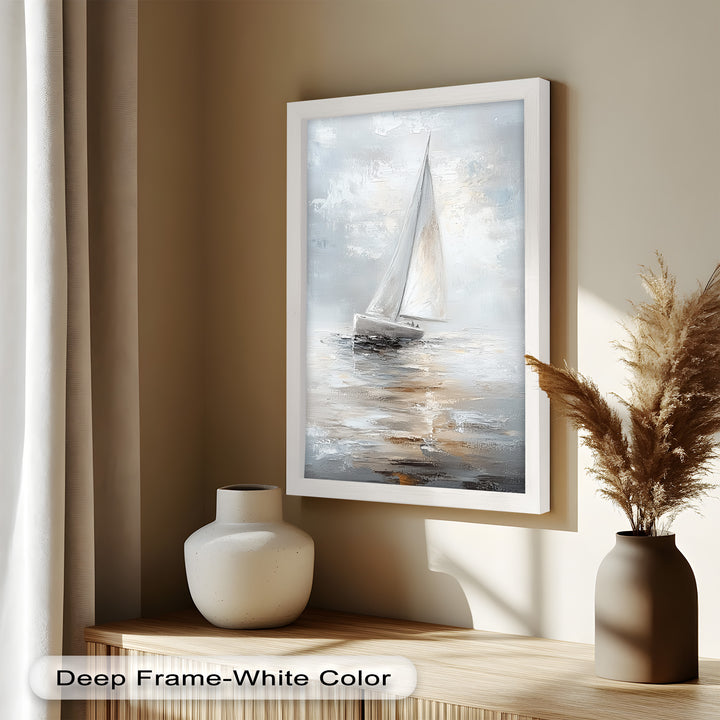 Sailing Through the Mist – White Boat Oil Painting