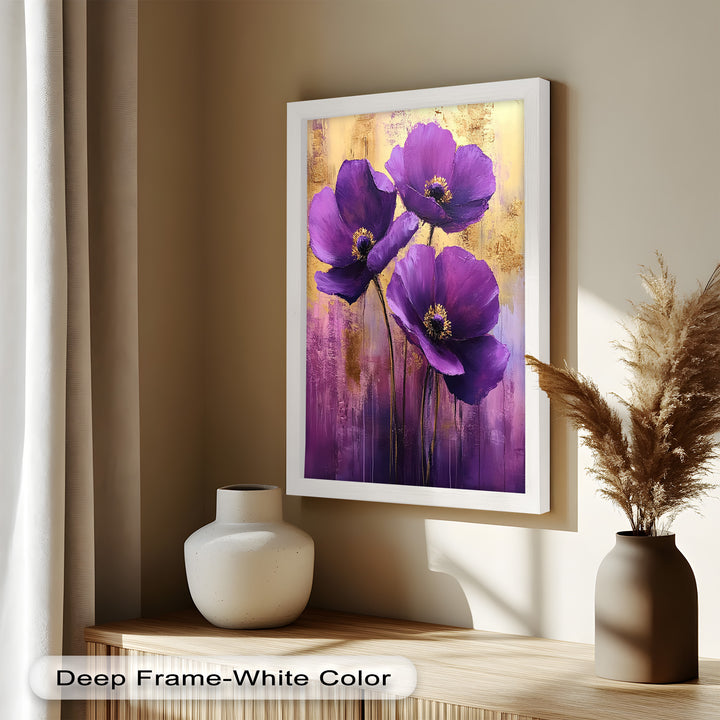 Velvet Blossoms – Purple Floral Elegance with Gold Flower Oil Painting