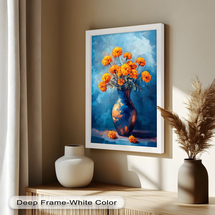 Golden Marigolds in Midnight Blue – Flower Oil Painting