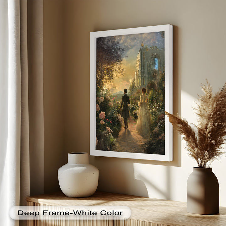 Victorian Lovers at Twilight – Romantic Garden Walk Oil Painting