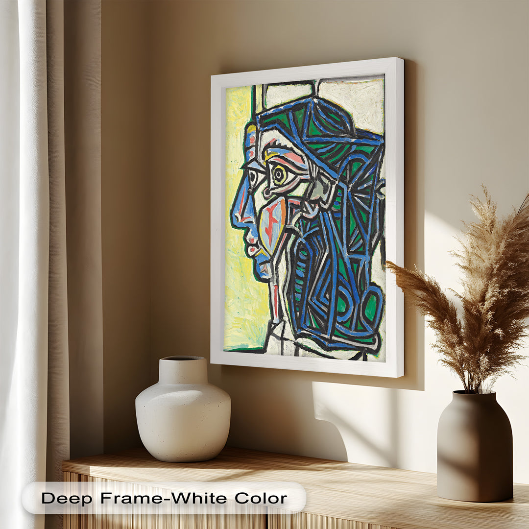 Angular Gaze – Geometric Portrait with Blue and Green Lines Picasso Oil Painting