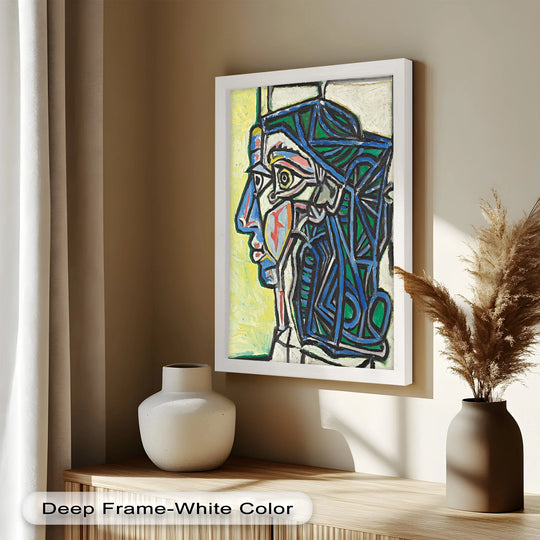 Dominant blue and green hues define this modern oil painting art featuring a geometric portrait with bold, angular lines reminiscent of Picasso's style.