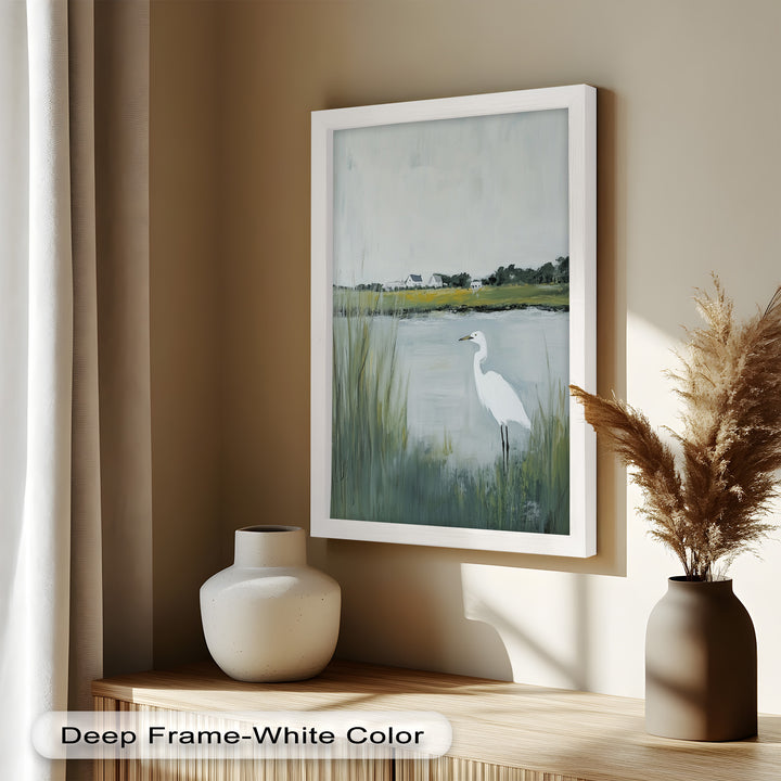 Egret by the Marsh – Minimalist Landscape Oil Painting