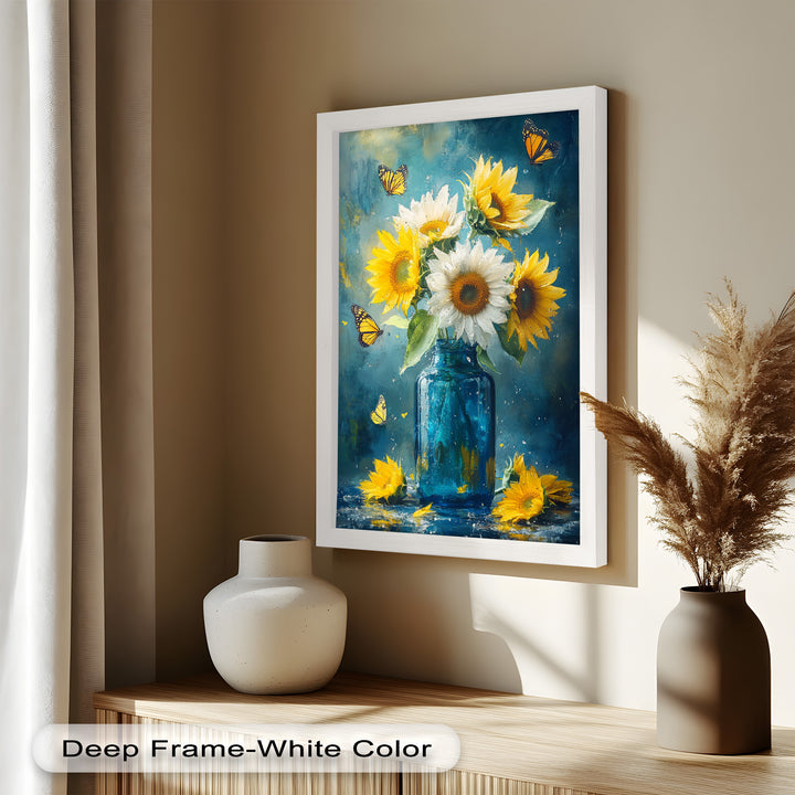 Sun-Kissed Radiance – Sunflowers in Blue Jar Flower Oil Painting