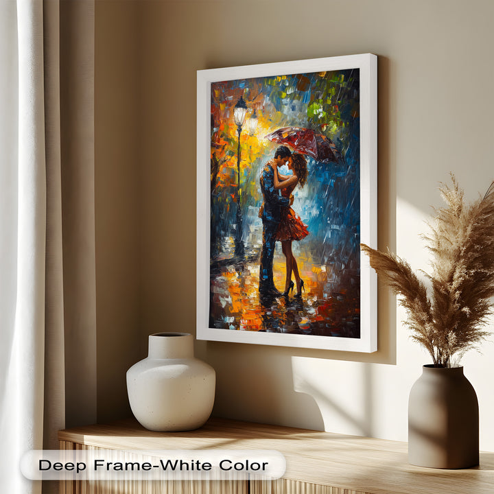 Evening Embrace – Romantic Rainy Street Scene Love Oil Painting