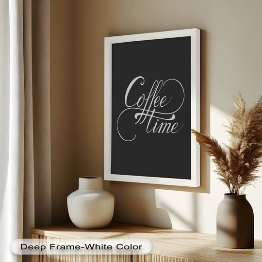 Visual rhythm flows through the elegant script of the 'Coffee Time' calligraphy oil painting wall art, complemented by the balanced arrangement of decor elements.
