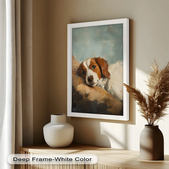 Subtle gradients define the calming oil painting wall art where caramel hues meet creamy whites in this restful dog portrait.