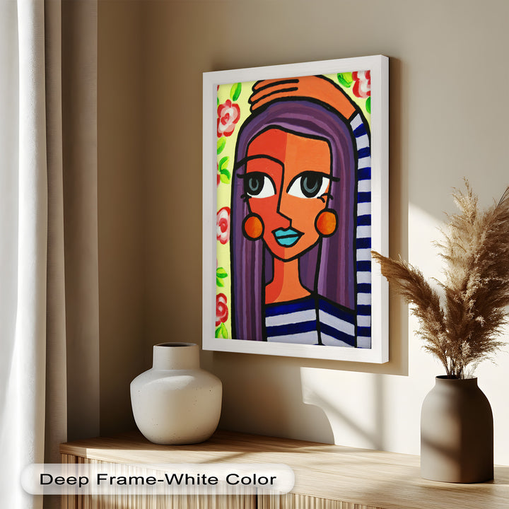 Striped Radiance – Playful Woman with Purple Hair Picasso Oil Painting