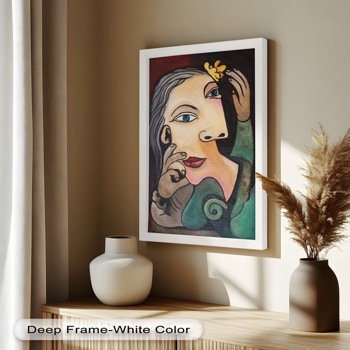 Whimsical Bloom – Surreale Frau mit gelber Blume Picasso Ölgemälde