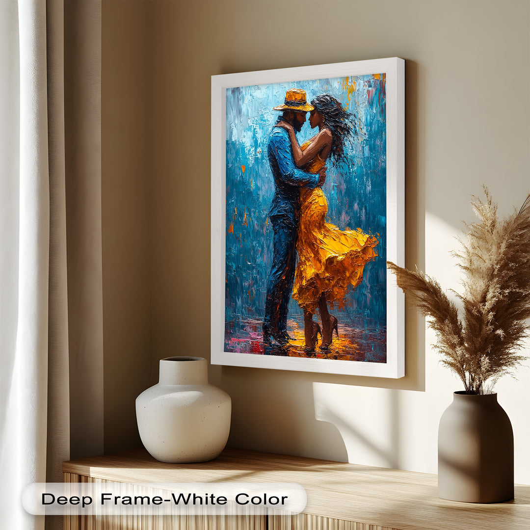 Midnight Embrace – Vibrant Couple in Yellow Dress Oil Painting