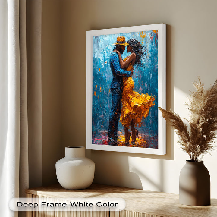Midnight Embrace – Vibrant Couple in Yellow Dress Oil Painting