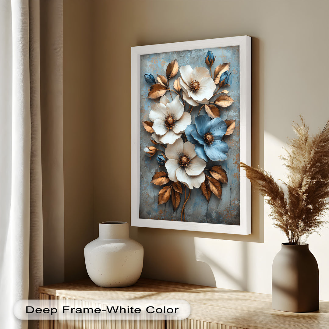 Gilded Petals – Luxuriöses Ölgemälde mit weißen und blauen Blumen