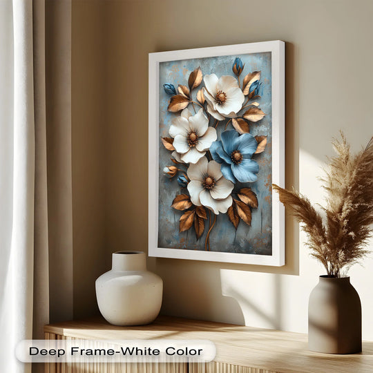 Geometric elements highlight the rectangular frame surrounding this luxurious white and blue flower oil painting artwork, with sculpted gilded petals and leaves.