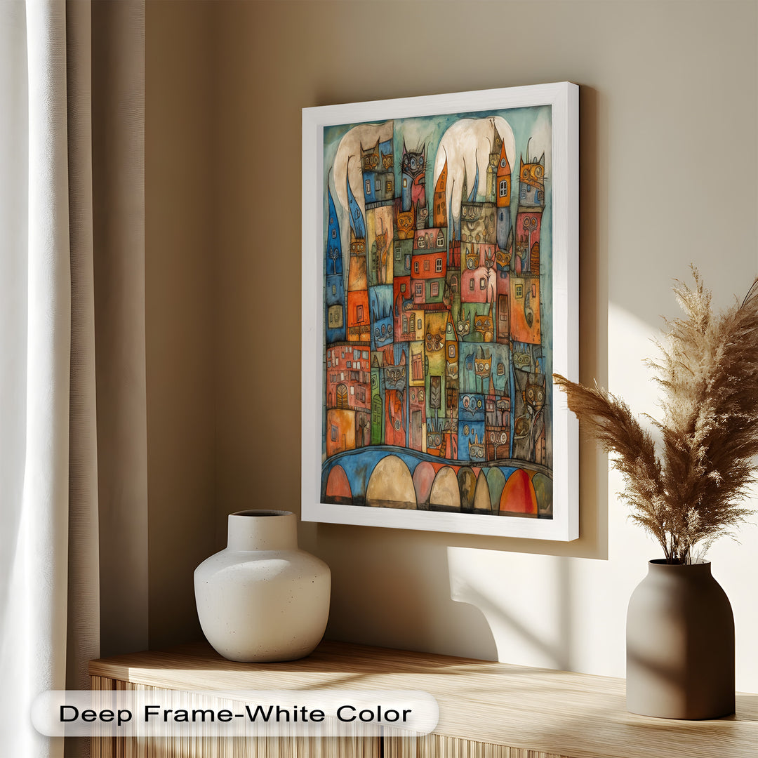 Whimsical Cat Cityscape – Surreal Architecture and Feline Picasso Oil Painting