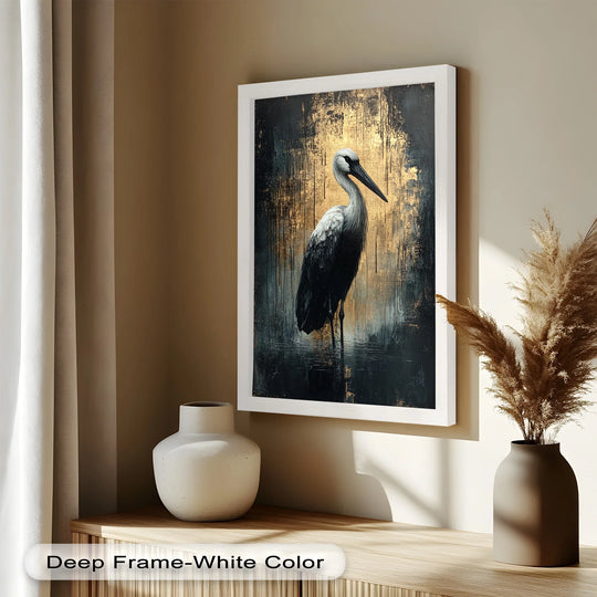 Foreground shadows highlight the subtle details of an animal oil painting reproduction print featuring a golden shadow heron.