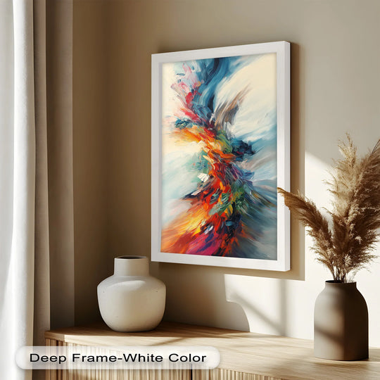 Subtle light and shadow play across the vibrant Cosmic Bloom oil painting artwork, highlighting the rich textures and dynamic brushstrokes of the abstract design.
