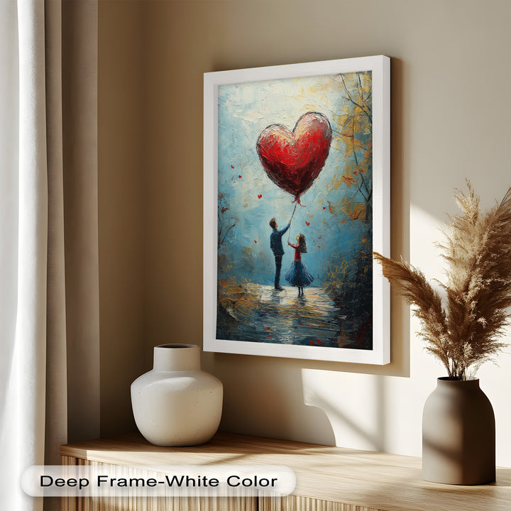 Romantic Red Heart Balloon Scene - Love Oil Painting