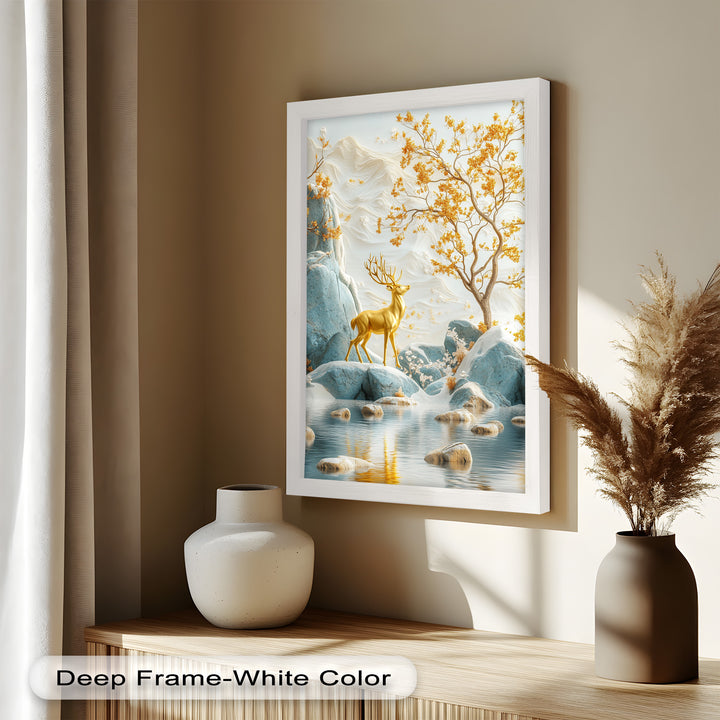 Golden Deer in Snowy Mountain - Animal Oil Painting