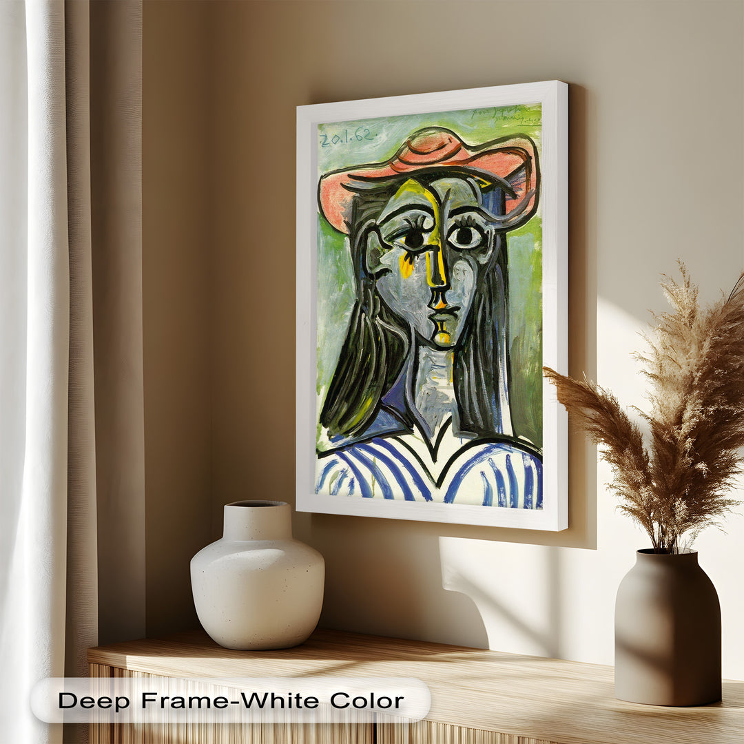 Striped Muse in Pink Hat – Picasso Oil Painting