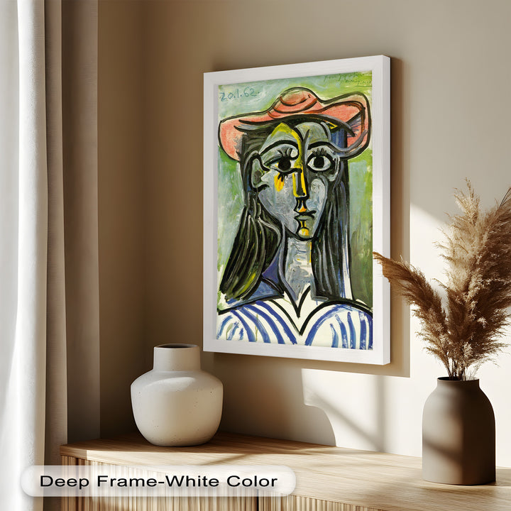 Striped Muse in Pink Hat – Picasso Oil Painting