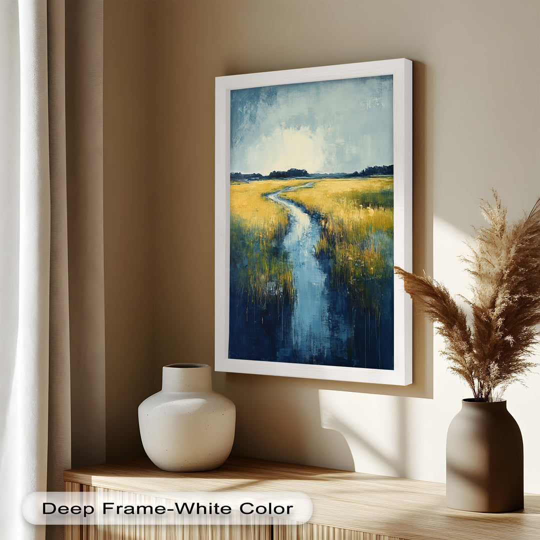 Golden Fields and Blue Stream – Contemporary Landscape Oil Painting