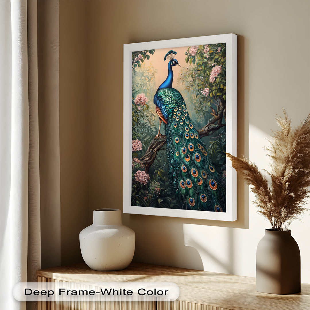 Peacock Among Blossoms – Regal Garden Beauty Animal Oil Painting