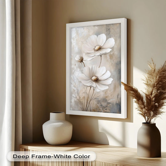 Understated color saturation enhances the soft ivory blooms in this neutral flower oil painting reproduction print, creating a serene and textured art piece.