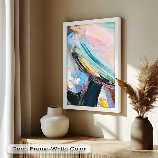 Neutral background accentuates the vibrant, textured brushstrokes of the Sky Dancer pastel abstract oil painting art piece, offering a visually balanced display.