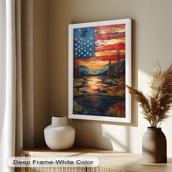 Amerikanische Flagge Sonnenuntergang Landschaft - Patriotisches Ölgemälde