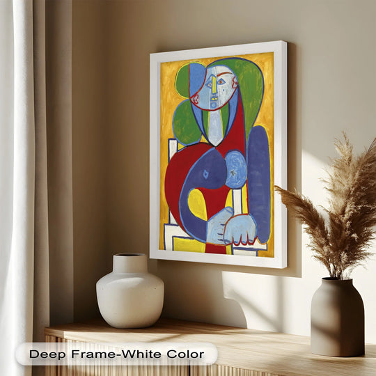 Vertical and rectangular, this 'Color Harmony – Abstract Seated Woman Picasso Oil Painting' displays a vibrant oil painting wall art piece with a deep frame.