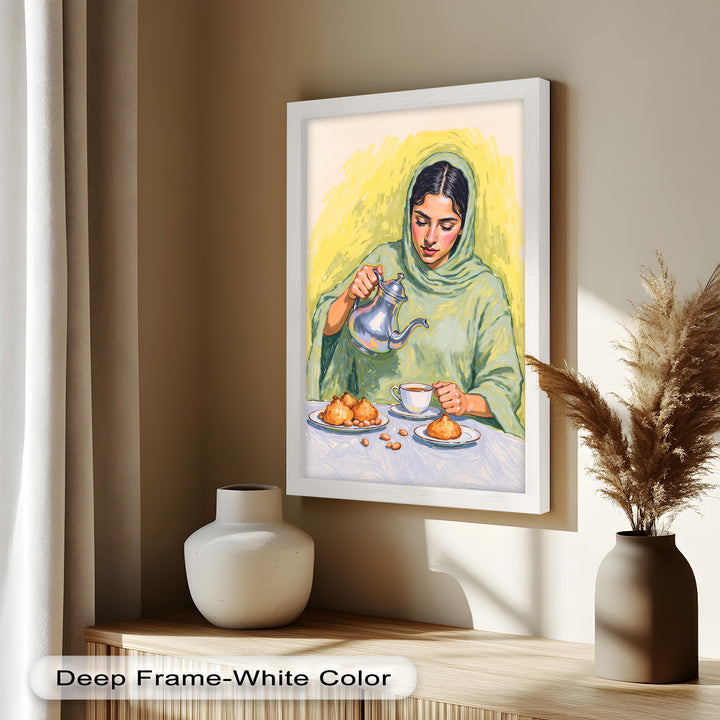 Woman Pouring Tea with Traditional Sweets - Food Painting