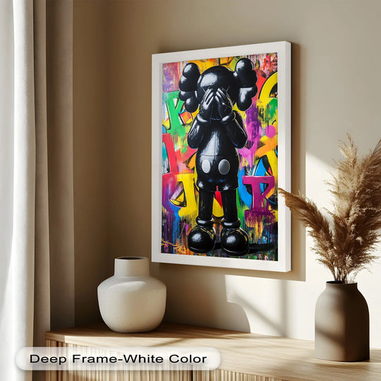 Negative space surrounds the framed KAWS figure, accentuating the vibrant background in this evocative oil painting reproduction print.
