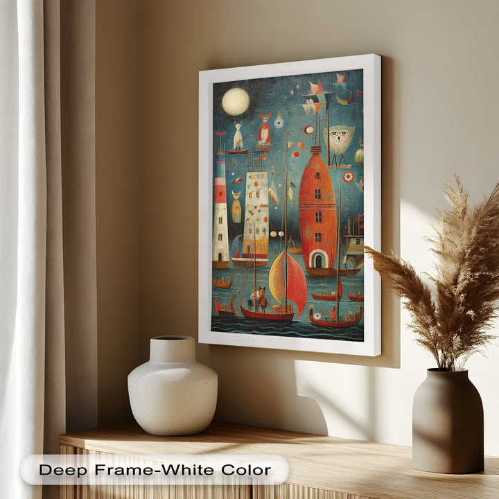 Moonlit Harbor Parade – Surreal Cat and Owl Fantasy Oil Painting
