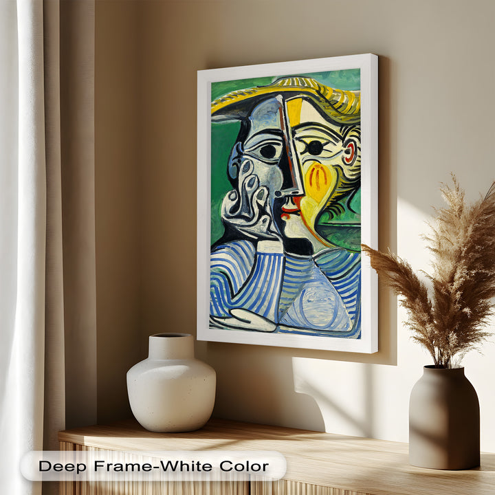 Nachdenklicher Blick – Gestreifte Frau mit Sonnenhut Picasso Ölgemälde