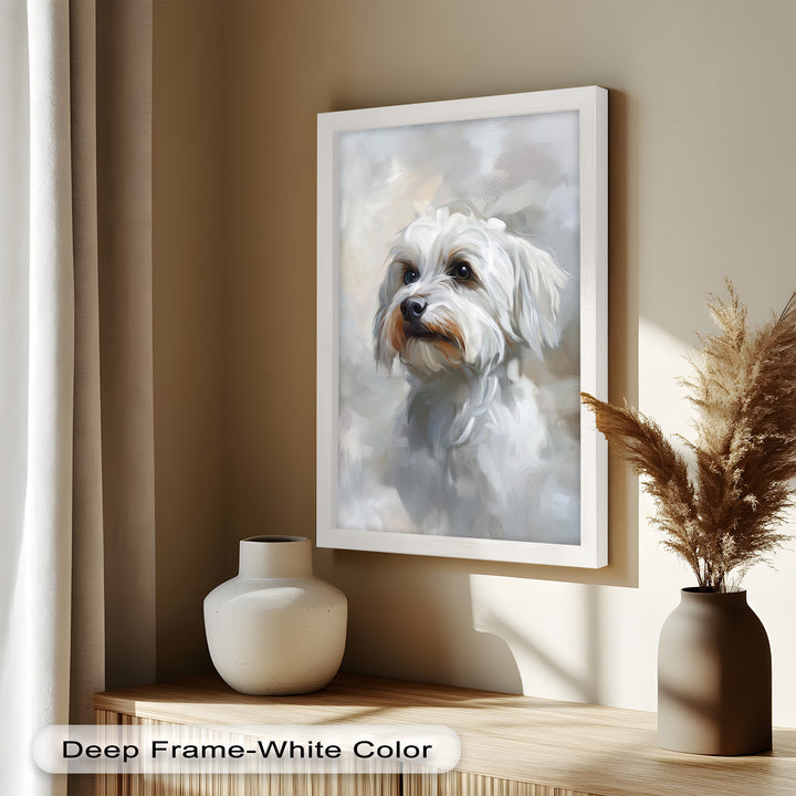 Snowy Gaze – White Maltese Portrait Animal Oil Painting