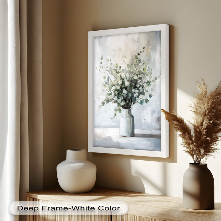 Eucalyptus Essence – Minimalist Greenery in Ceramic Vase Oil Painting