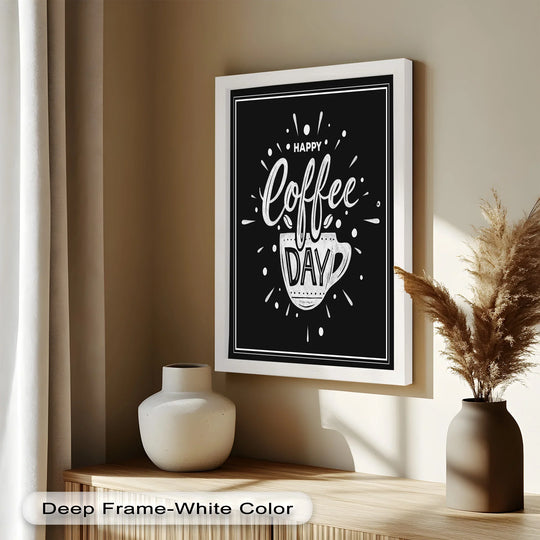 Happy coffee day typography makes a statement in this oil painting home decor, printed with vivid chalk-style lettering and displayed in a white frame.