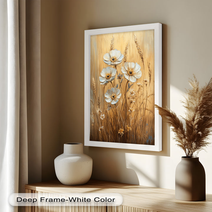 White Wildflowers in Wheat Field - Oil Painting