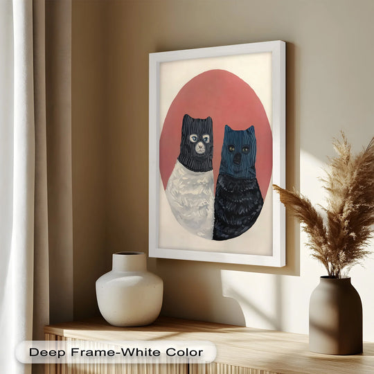 Vibrant oil painting home decor showcasing a high-quality textured canvas art print of 'Masked Companions,' featuring a deep frame in a crisp white color.