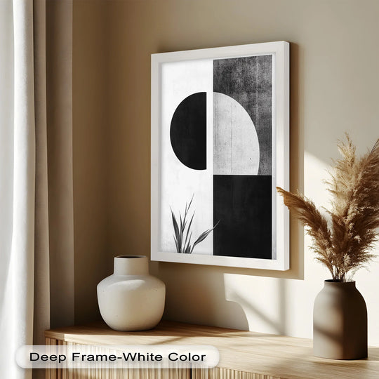 In the foreground, a minimalist modern black and white geometric abstract oil painting wall art on a shelf complements the neutral-toned vases.