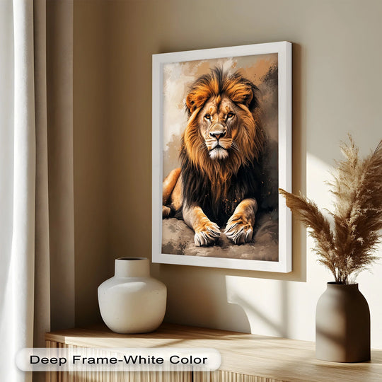 Warm color temperature highlights the regal lion portrait in this animal oil painting art piece, casting a golden glow across its powerful features.